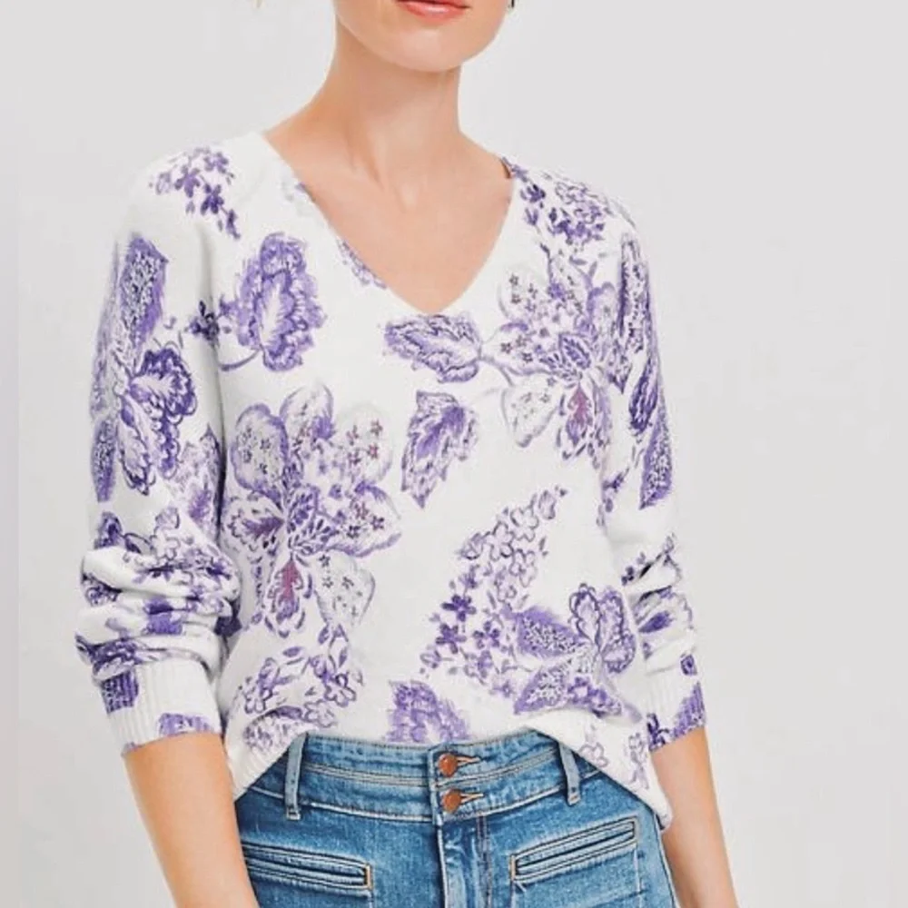 LOFT Floral V-Neck Sweater Purple Off-White Cotton Blend Long Sleeve Women’s Sm